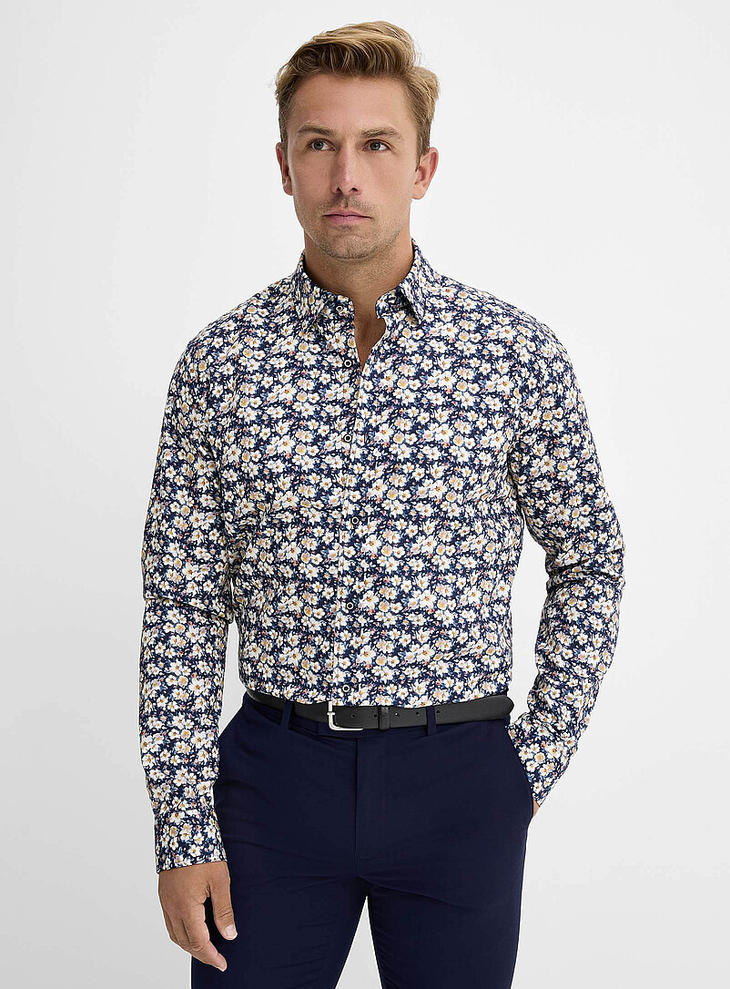 Chemise Homme Manches Longues - Imprimé Fleurs Bleues Et Blanches - Coupe Droite Polyvalente
