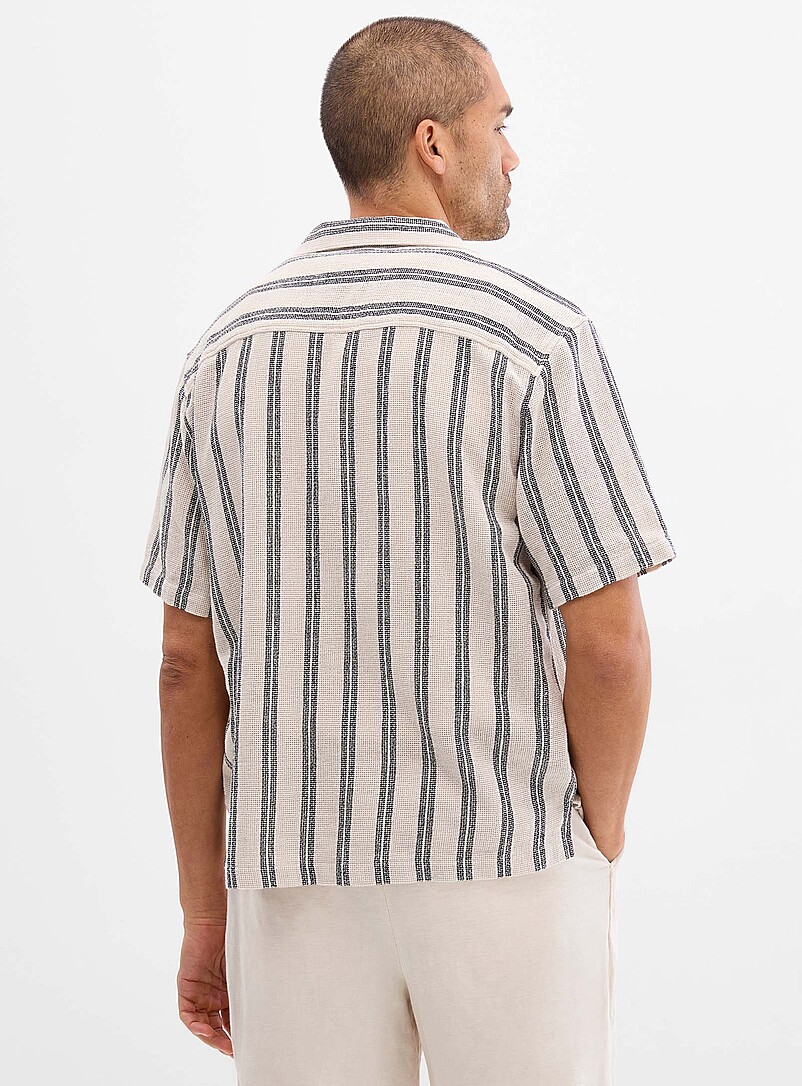Le 31 Patterned Ecru Heather stripe knit camp shirt <b>Comfort fit</b> for men