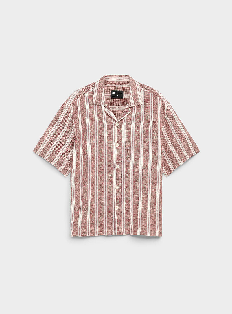 Le 31: La chemise col ouvert tricot rayure chin&eacute;e <b>Coupe confort</b> &Eacute;cru &agrave; motifs pour homme