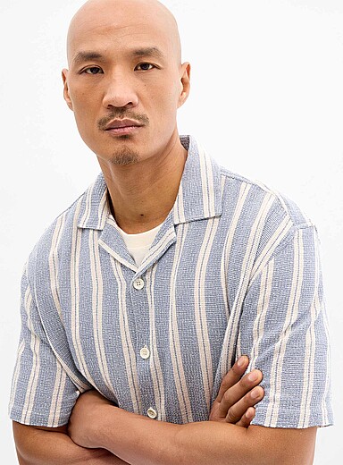 Le 31 Baby Blue Heather stripe knit camp shirt <b>Comfort fit</b> for men