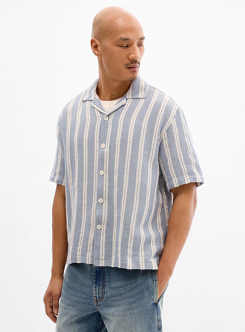 Le 31: La chemise col ouvert tricot rayure chin&eacute;e <b>Coupe confort</b> &Eacute;cru &agrave; motifs pour homme