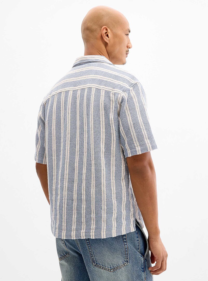 Le 31 Patterned Ecru Heather stripe knit camp shirt <b>Comfort fit</b> for men