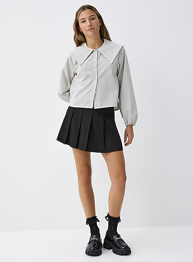 Twik Patterned White Checked oversized-collar shirt for women