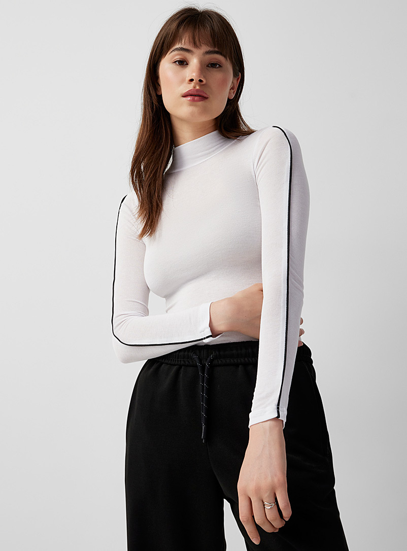 Twik White Contrasting piping mock-neck T-shirt for women
