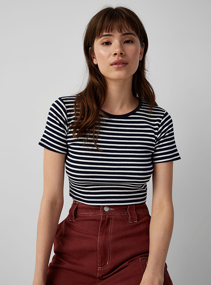 Twik Patterned Blue Striped ribbed cropped T-shirt for women