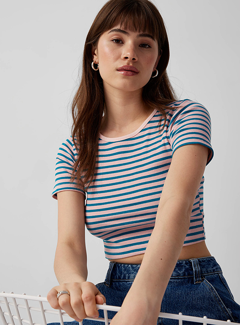 Twik Patterned Red Striped ribbed cropped T-shirt for women