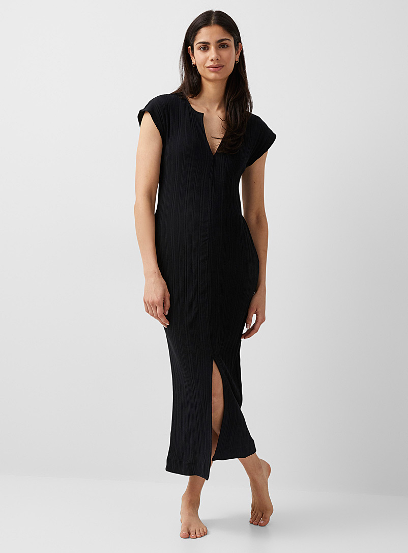 Skin Black Ribbed cap-sleeve nightgown for women