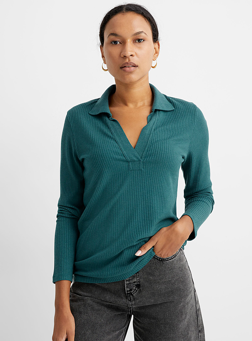 Contemporaine Teal Johnny collar ribbed T-shirt for women