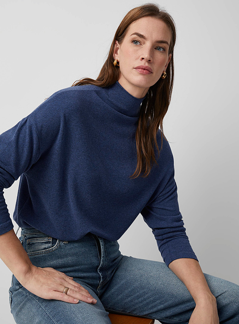 Contemporaine Sapphire Blue Brushed jersey loose mock neck for women