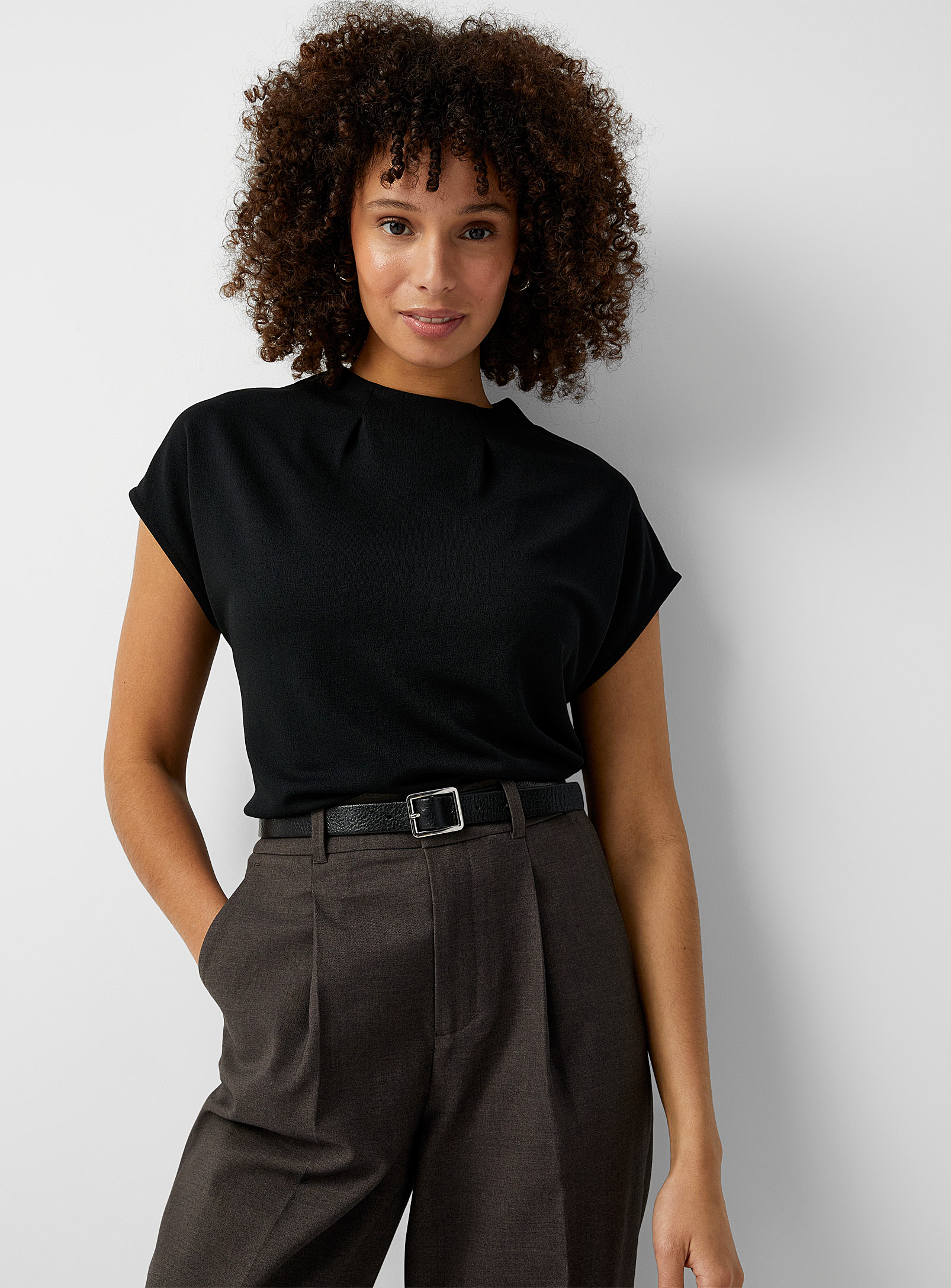 Contemporaine Pleated Mock-neck T-shirt In Black