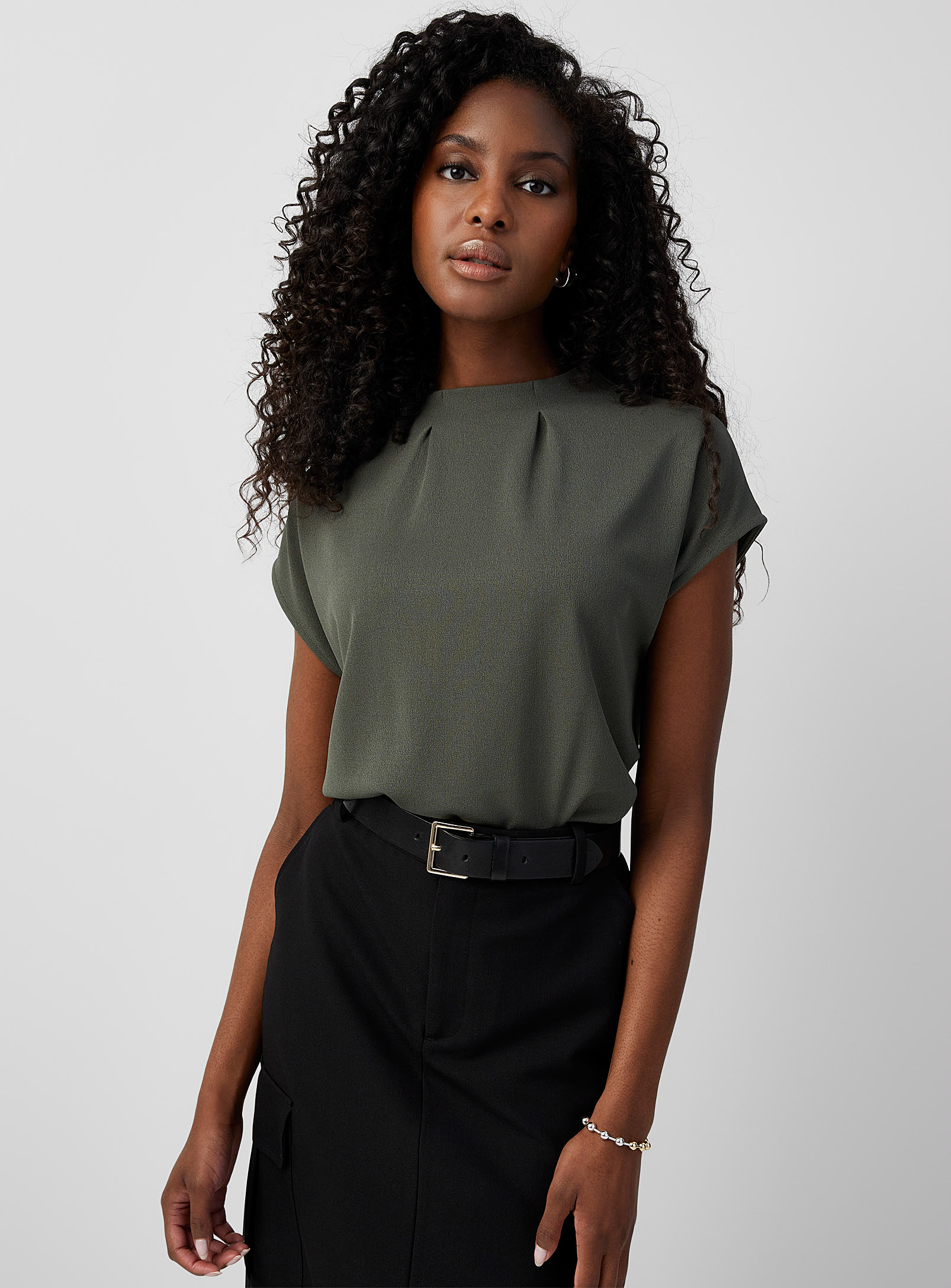Contemporaine Pleated Mock-neck T-shirt In Mossy Green