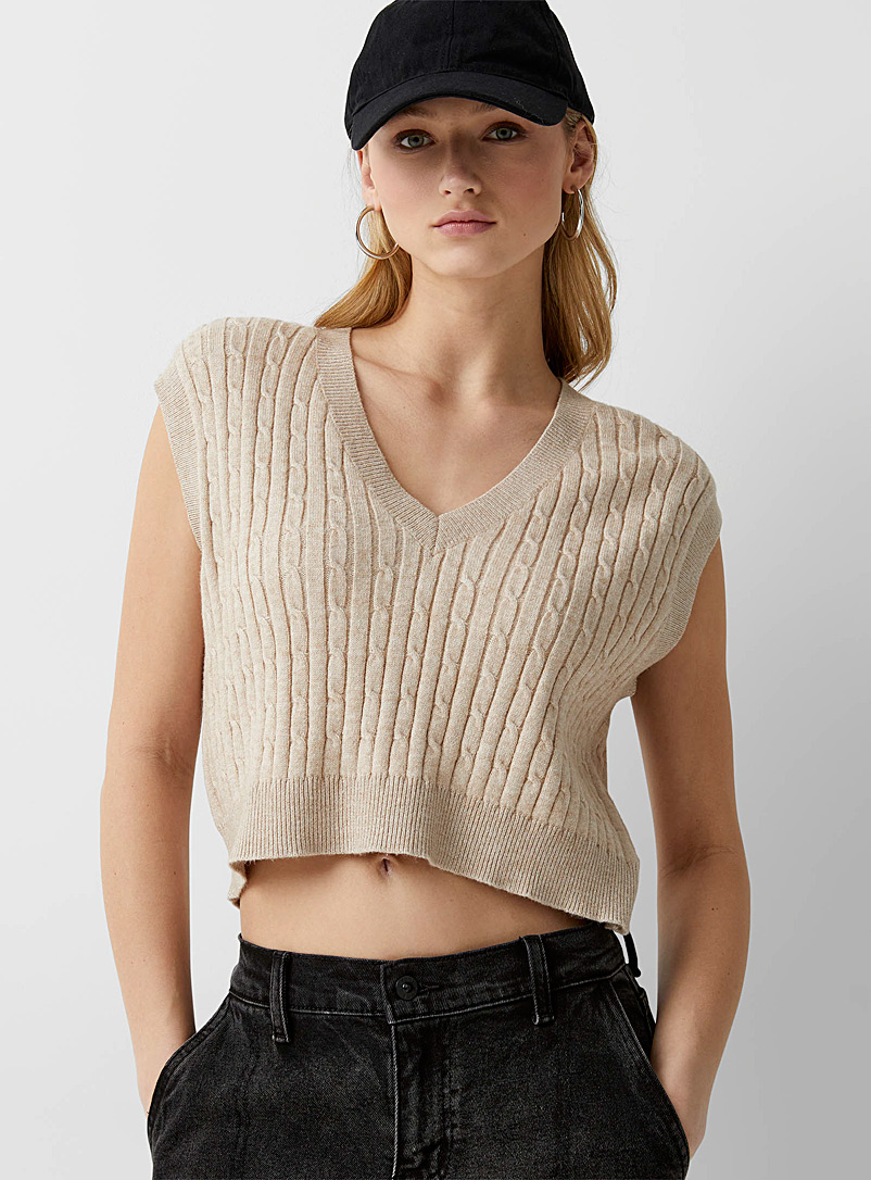 Twik Ecru/Linen Cropped cable-knit sweater vest for women