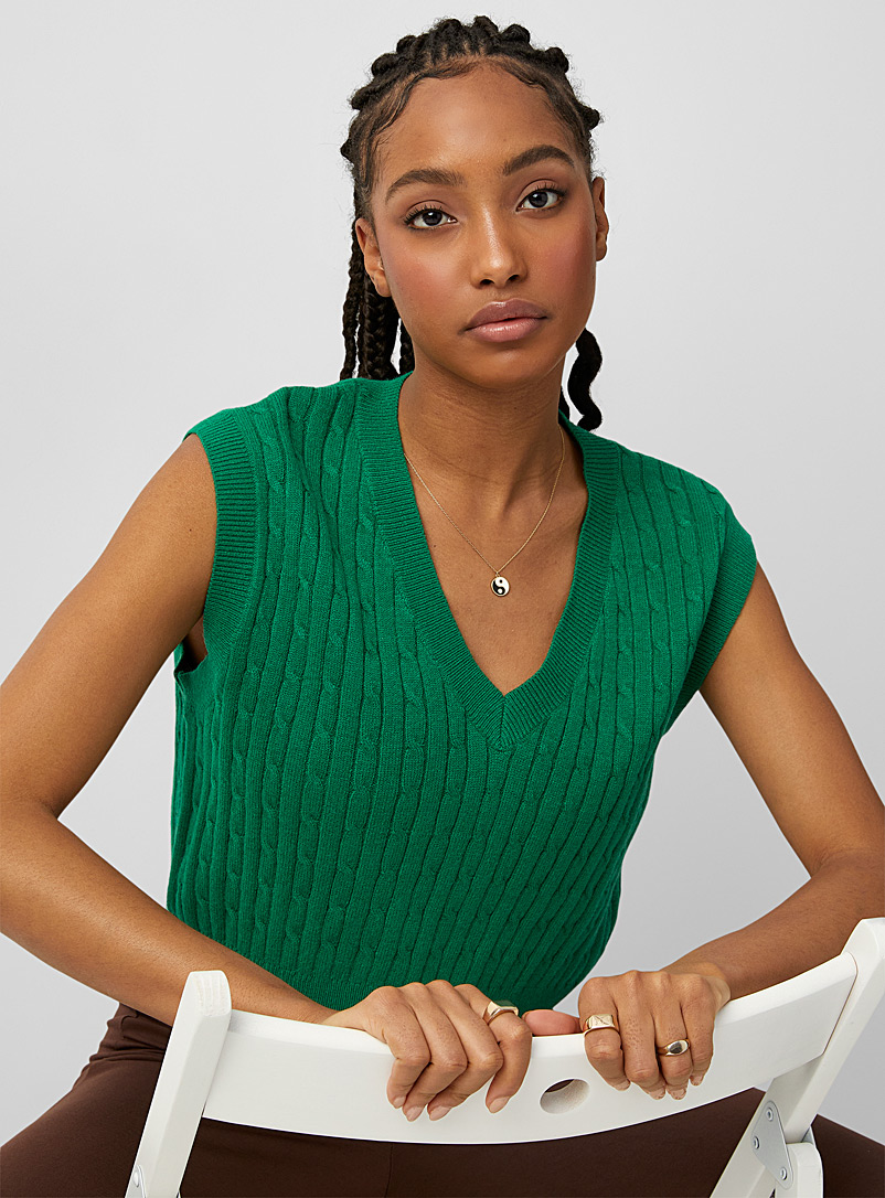 Twik Bottle Green Cropped cable-knit sweater vest for women