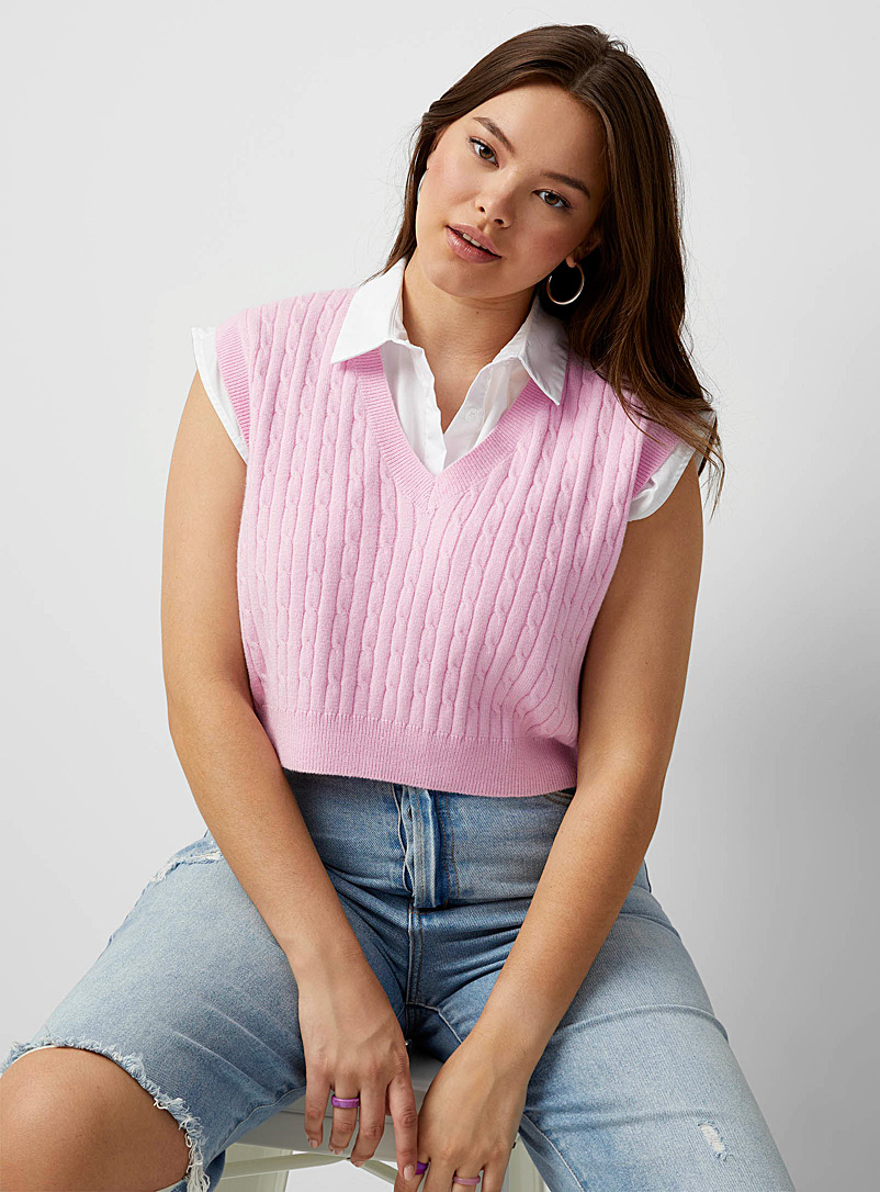 Twik Pink Cropped cable-knit sweater vest for women