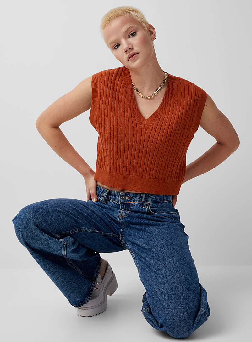 Twik Dark Orange Cropped cable-knit sweater vest for women