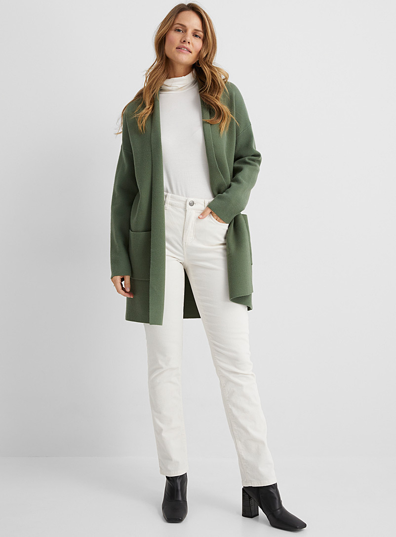 Contemporaine Mossy Green Loose open cardigan with pockets for women