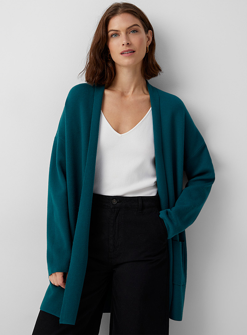 Contemporaine: Le cardigan ouvert ample à poches Sarcelle-turquoise-aqua pour femme