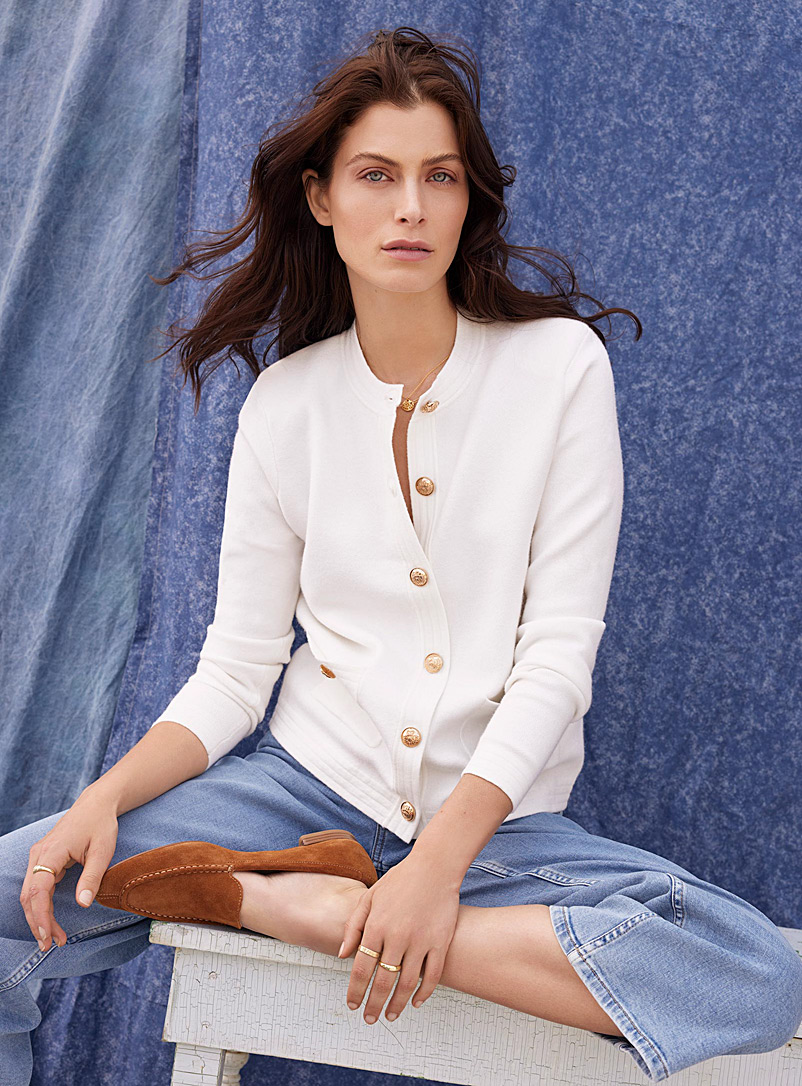 Contemporaine Ivory White Crest-button shoulder pad cardigan for women