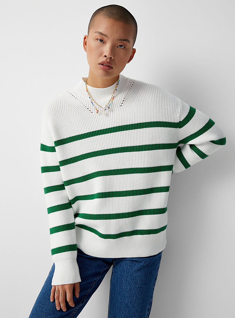 Twik Patterned Green Two-tone stripe loose sweater for women