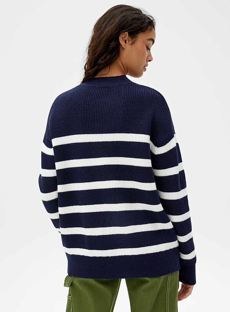 Twik Patterned White Two-tone stripe loose sweater for women