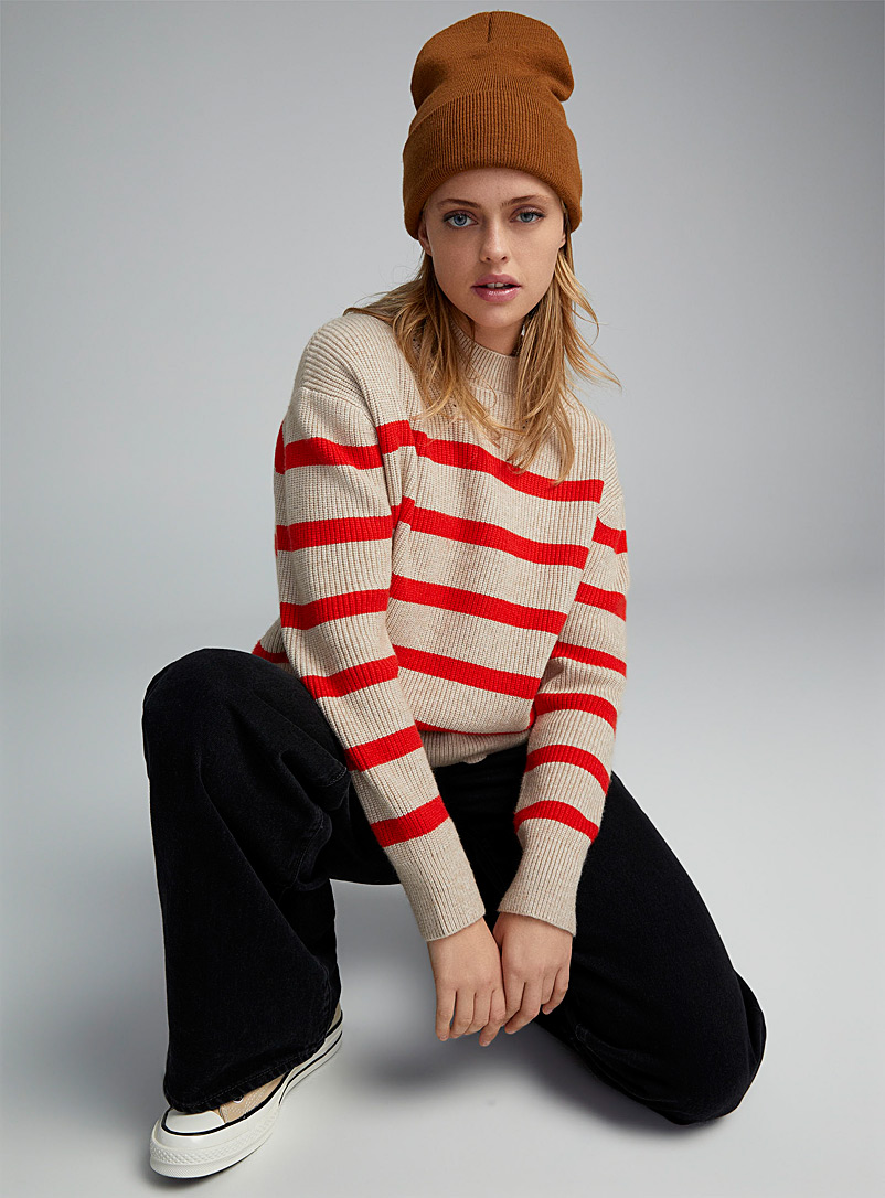 Twik Patterned Red Oversized two-tone stripe sweater for women