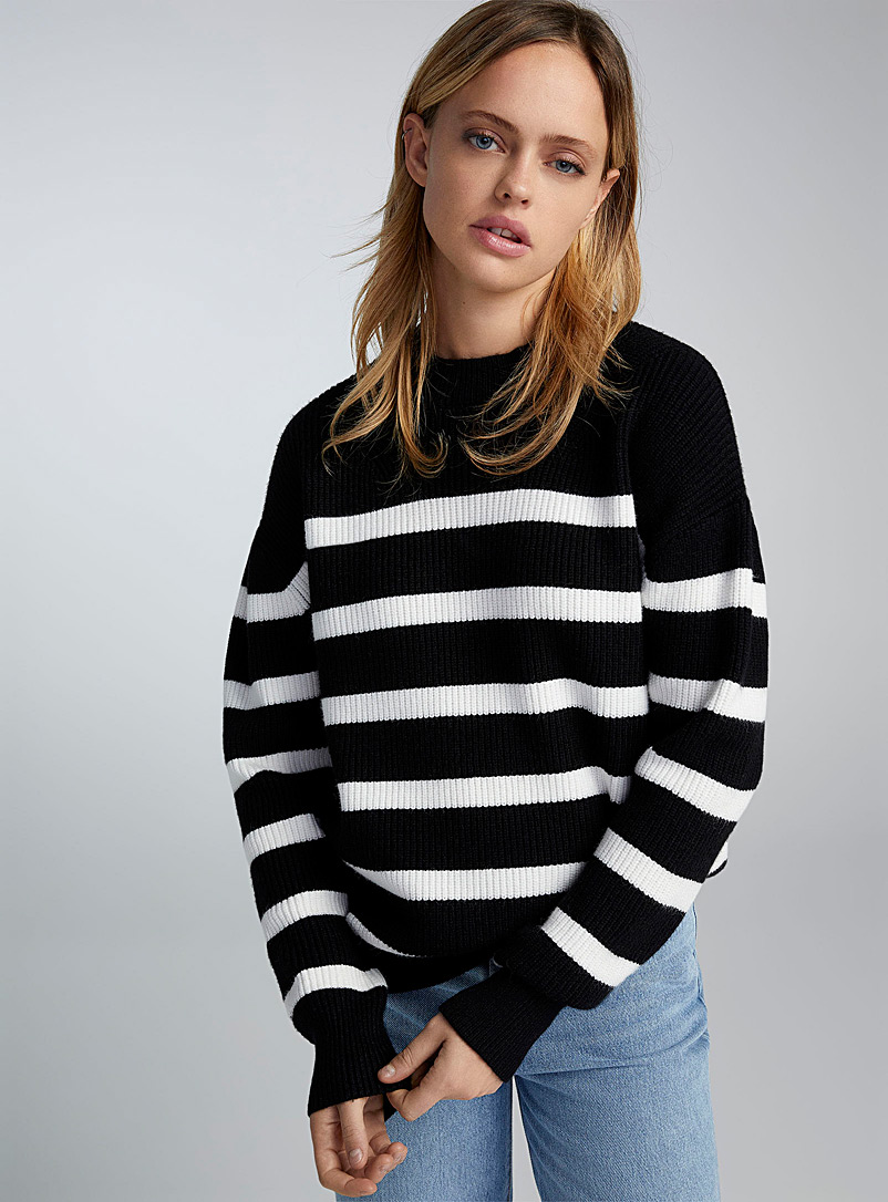 Twik Patterned Black Oversized two-tone stripe sweater for women
