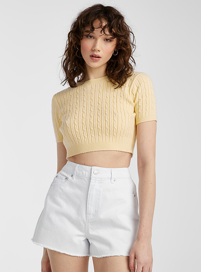 Twik Light Yellow Cropped mini-cable sweater for women