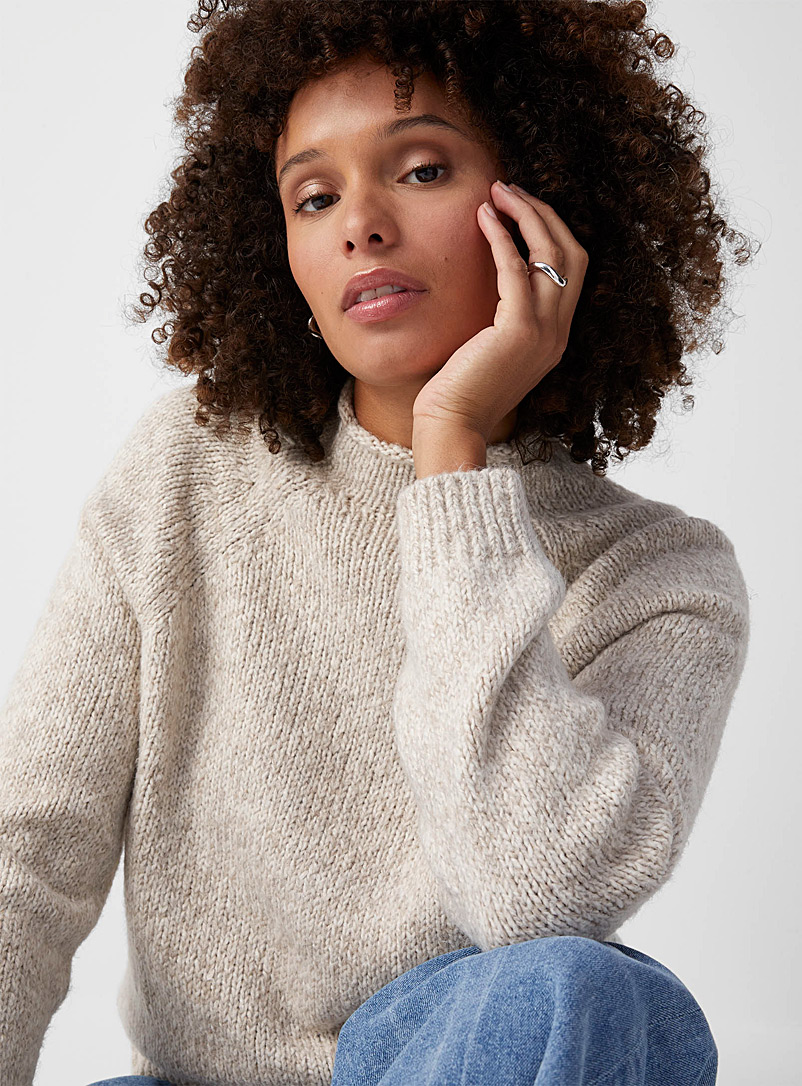 Contemporaine Cream Beige Heathered raglan mock-neck sweater for women