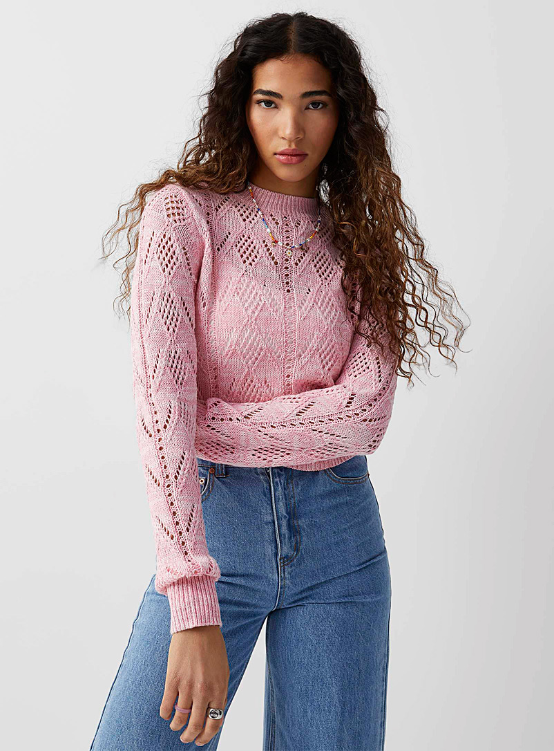 Twik Pink Diamond pattern openwork sweater for women