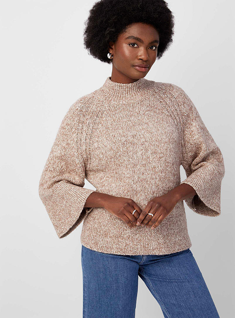 Contemporaine Light Brown Bell-sleeve heathered sweater for women