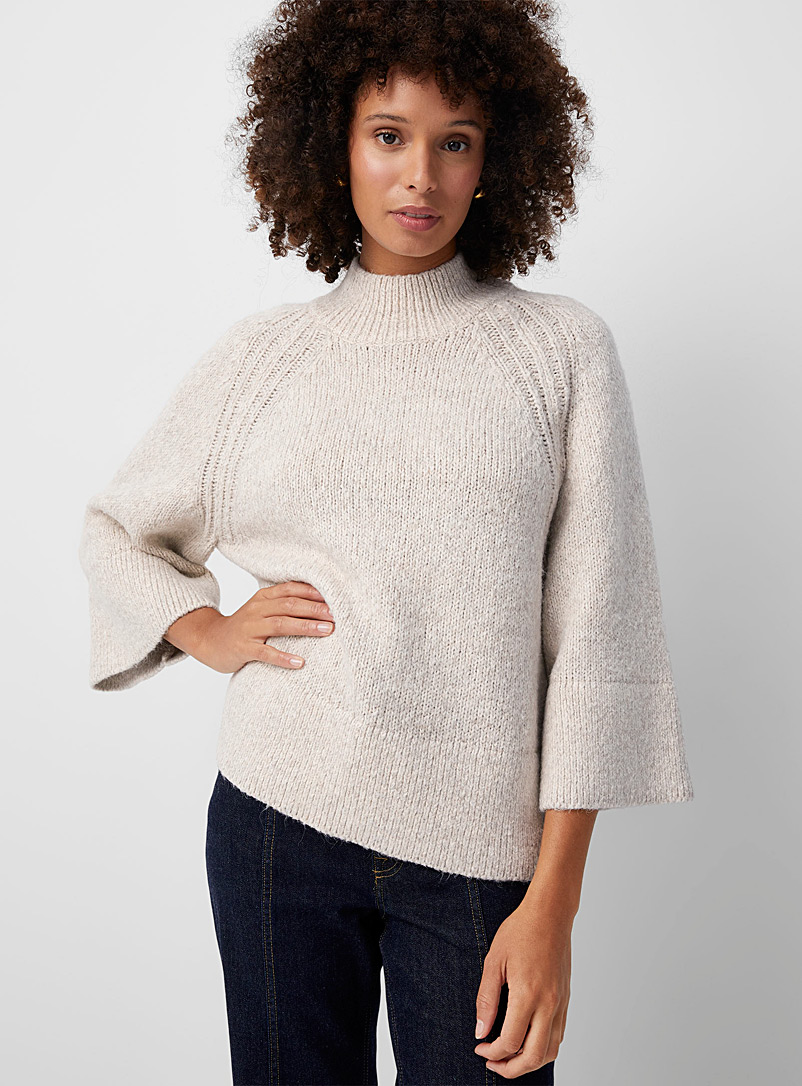 Contemporaine Light Grey Bell-sleeve heathered sweater for women