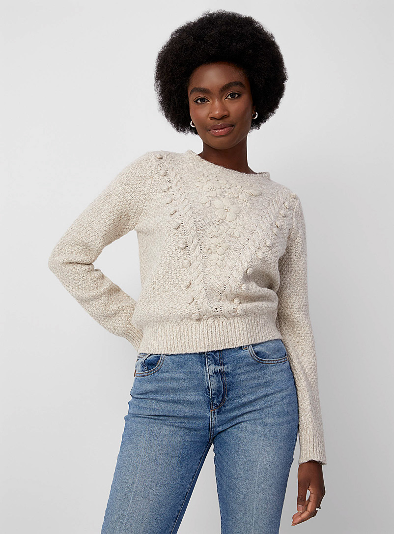Contemporaine Cream Beige Floral bib sweater for women