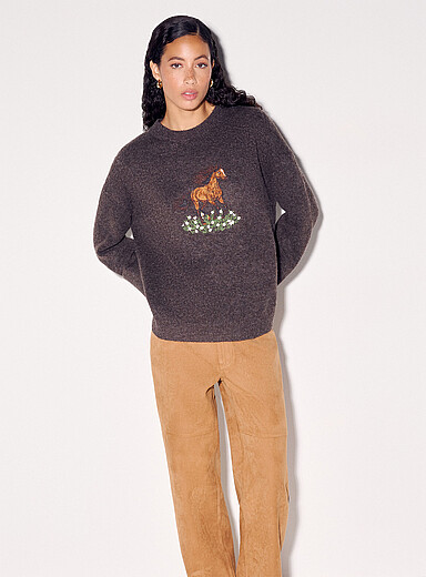 Ic&ocirc;ne Brown Touch of wool embroidered oversized sweater for women