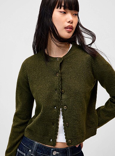 Twik Mossy Green Scalloped trim boxy-fit cardigan for women