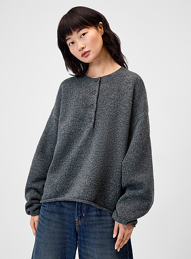 Rolled trim Henley sweater