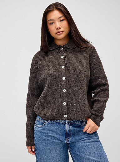 Twik Chocolate/Espresso Iridescent buttons Peter Pan collar cardigan for women