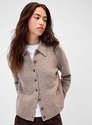 Twik Taupe Plush point collar cardigan for women
