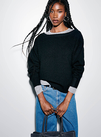 Ic&ocirc;ne Black Boat-neck brushed sweater for women