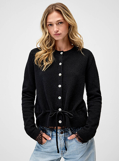 Tie-belt lace detail cardigan