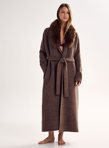 Miiyu Brown Touch of wool faux-fur collar robe for women