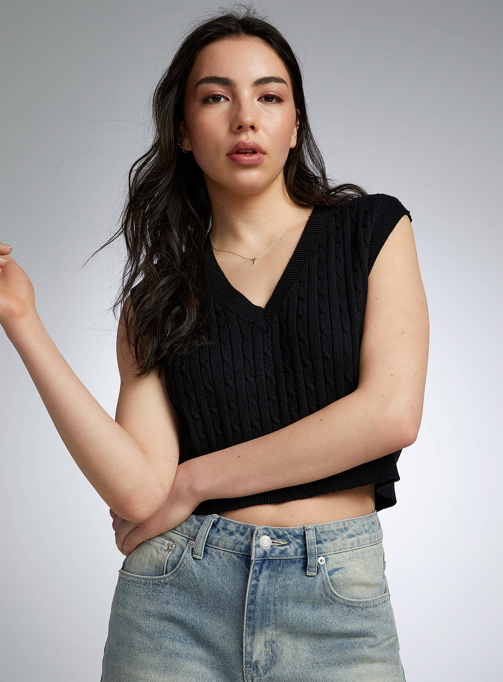 Twik Cropped Cable-knit Sweater Vest In Black