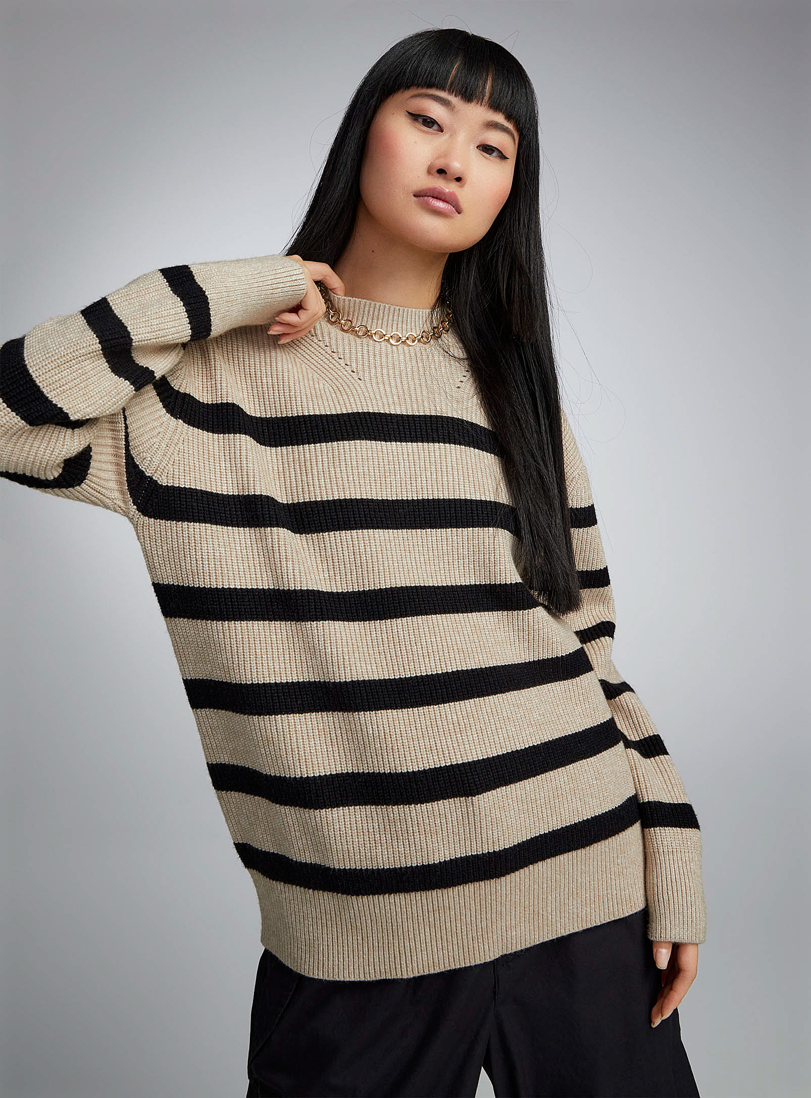 Twik Two-tone Stripe Loose Sweater In Fawn