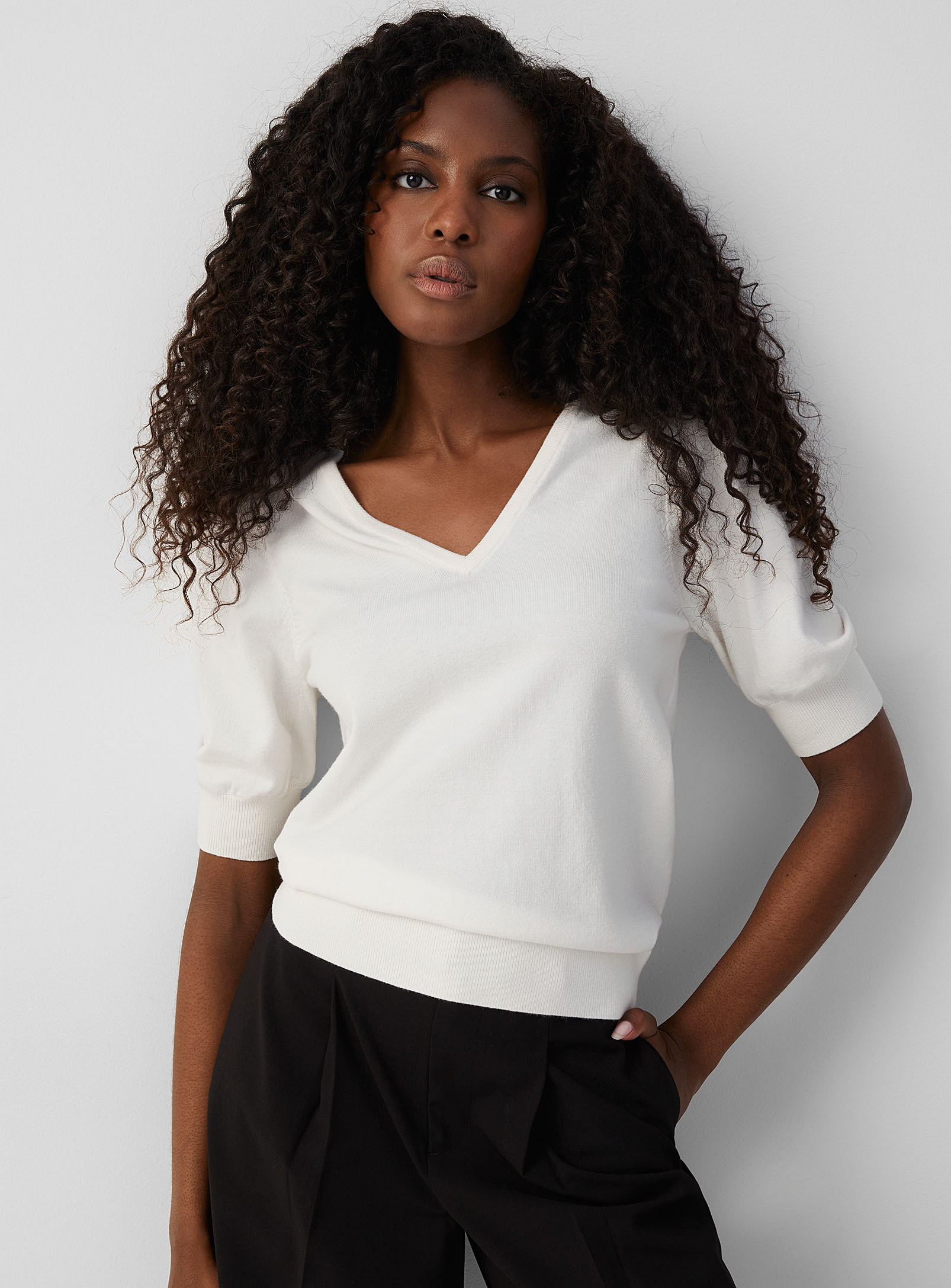 Contemporaine Puff-sleeve Fine-knit Sweater In Ivory White