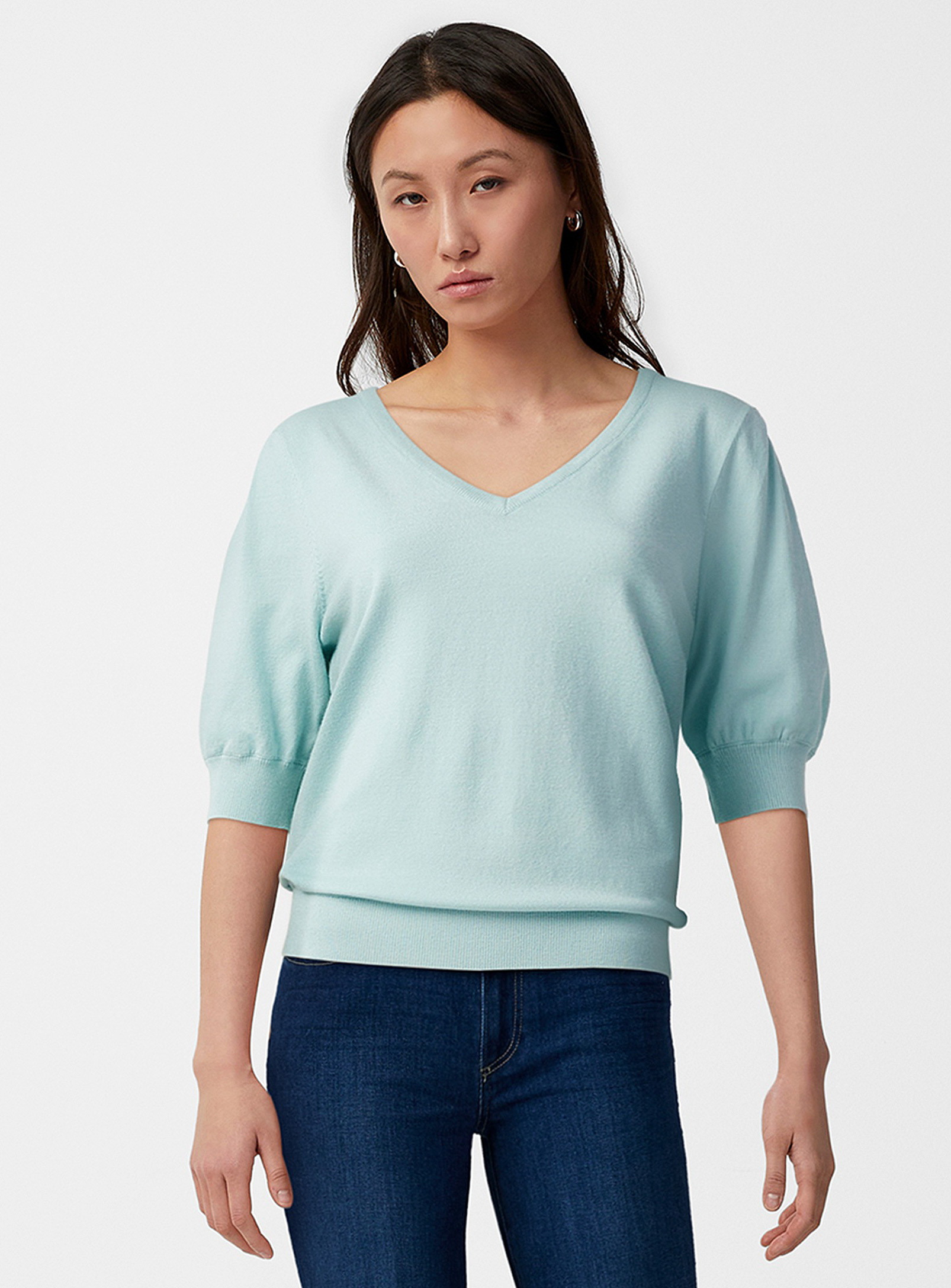 Contemporaine Puff-sleeve Fine-knit Sweater In Teal