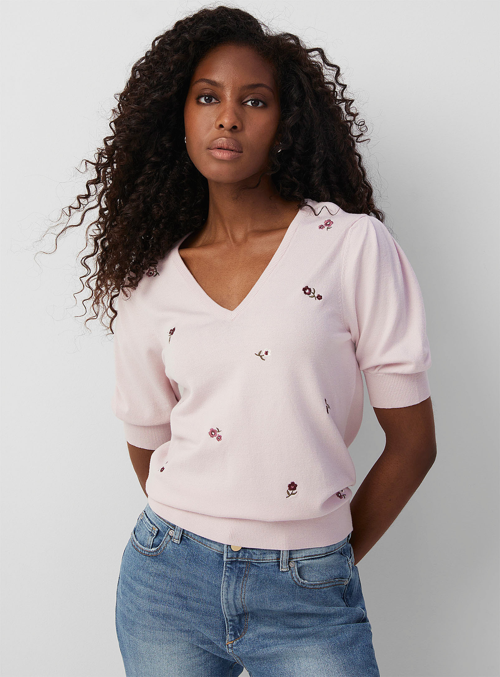 Contemporaine Puff-sleeve Fine-knit Sweater In Lilacs