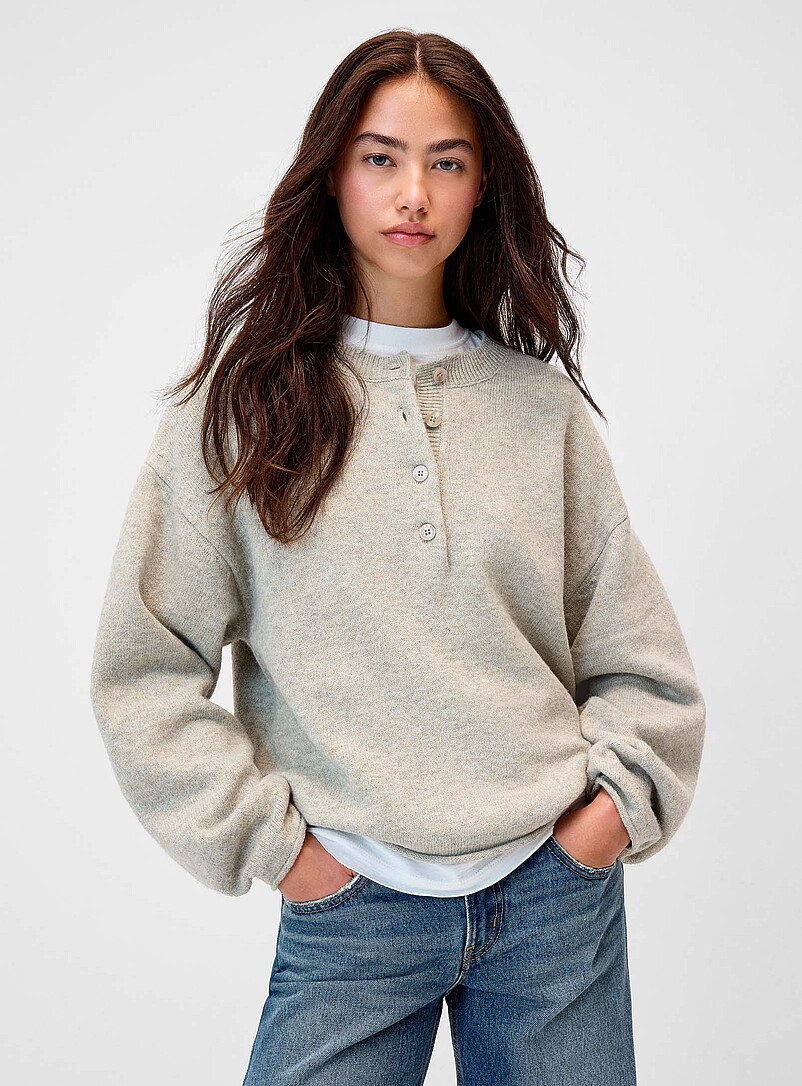 Rolled Trim Henley Sweater