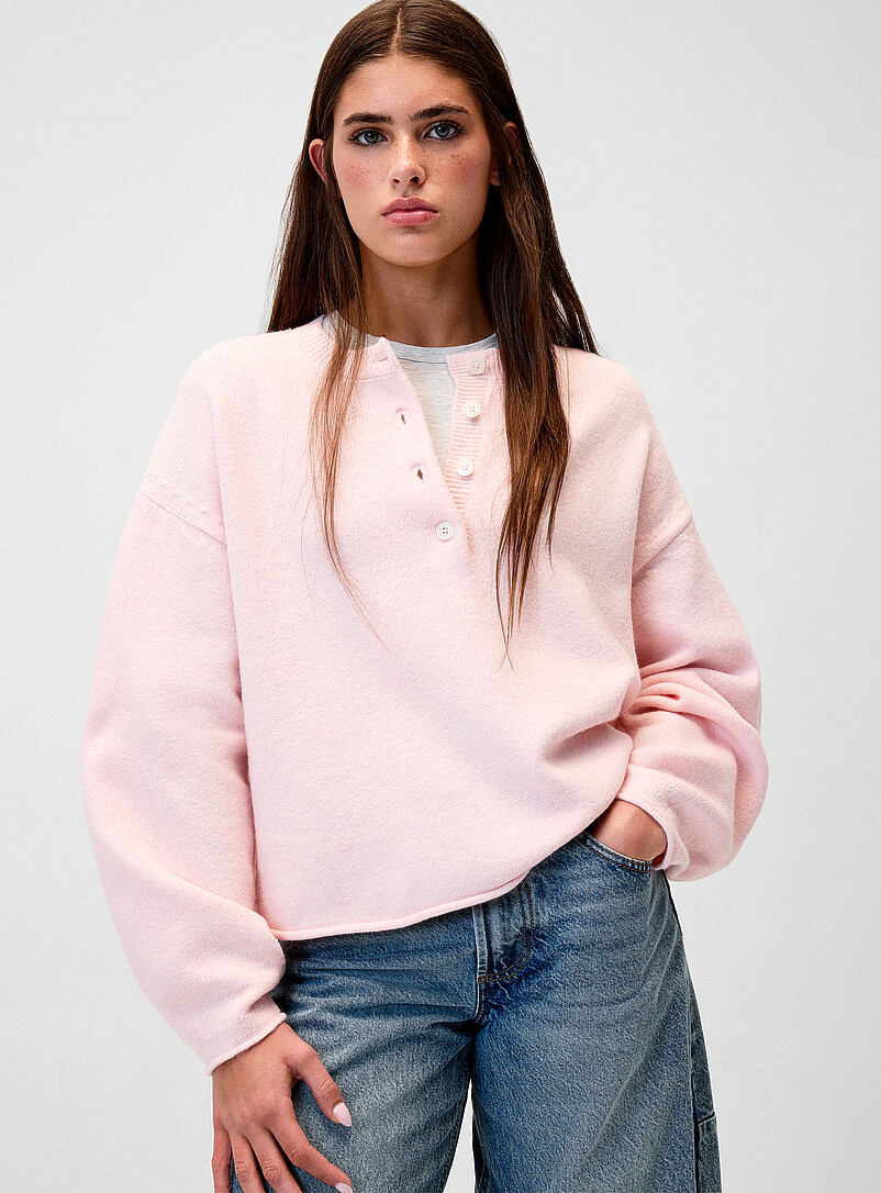 Rolled trim Henley sweater product image (primary)