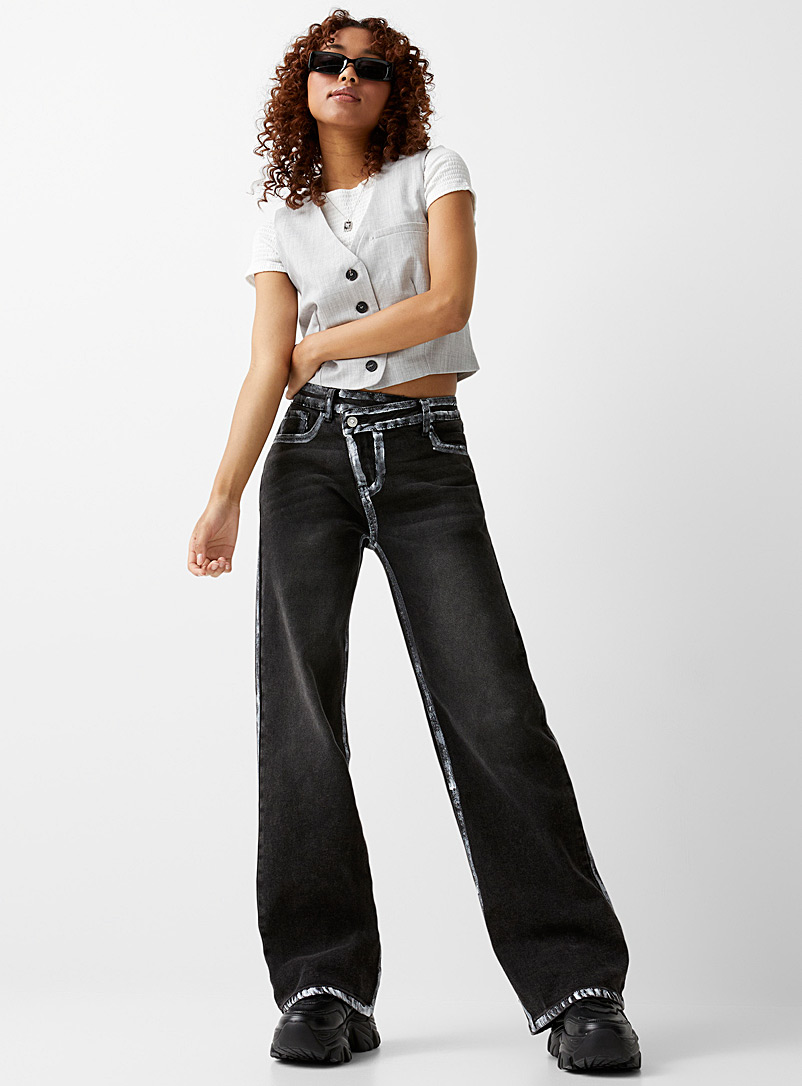 Vibrant M.i.U: Le jean taille croisée bandes peinture Noir pour femme