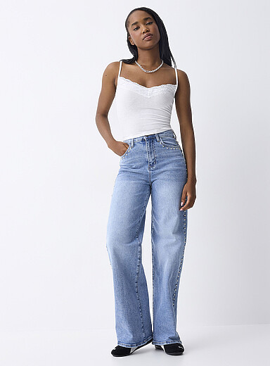 Twik: Le jean large clout&eacute; Bleu moyen - Ardoise pour femme