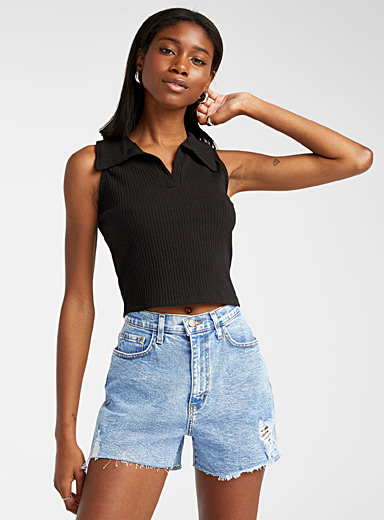 Frayed high-rise denim shorts | Vibrant 